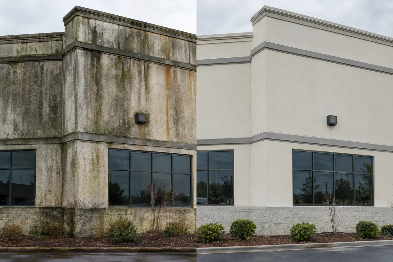 Stucco commercial building: stained on the left, restored on the right