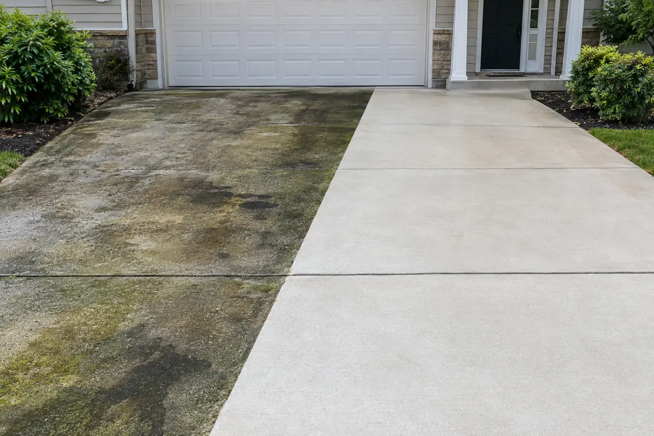 Driveway: algae-stained on the left, cleaned on the right