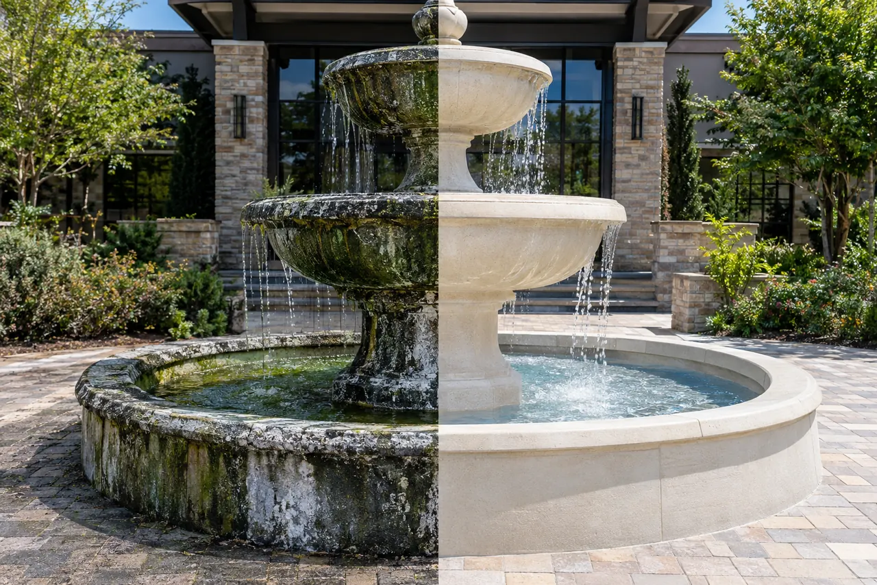 Stone fountain and plaza: stained on the left, restored on the right