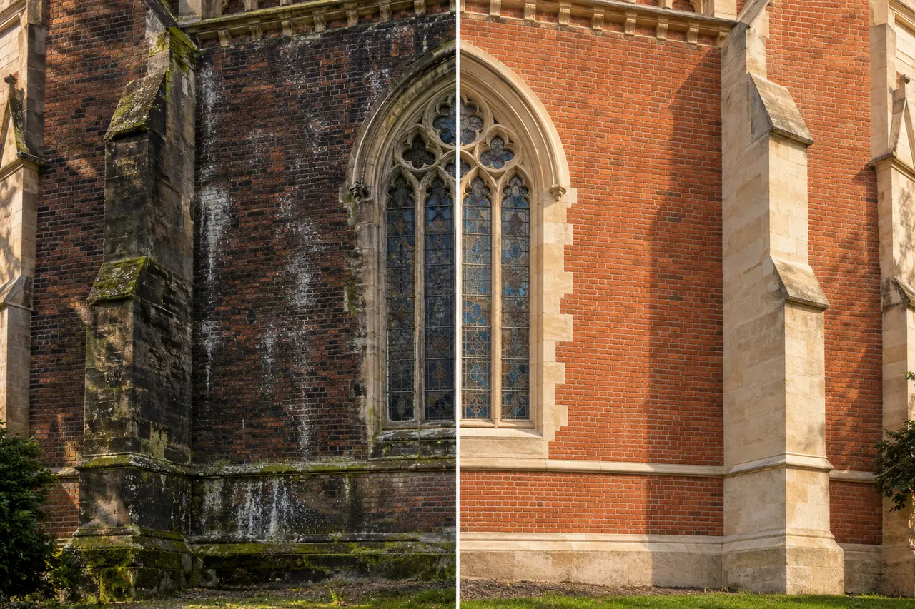 Historic brick church: darkened on the left, restored on the right