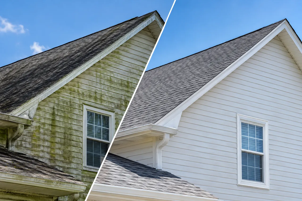 House roof and siding: mildew on the left, clean on the right