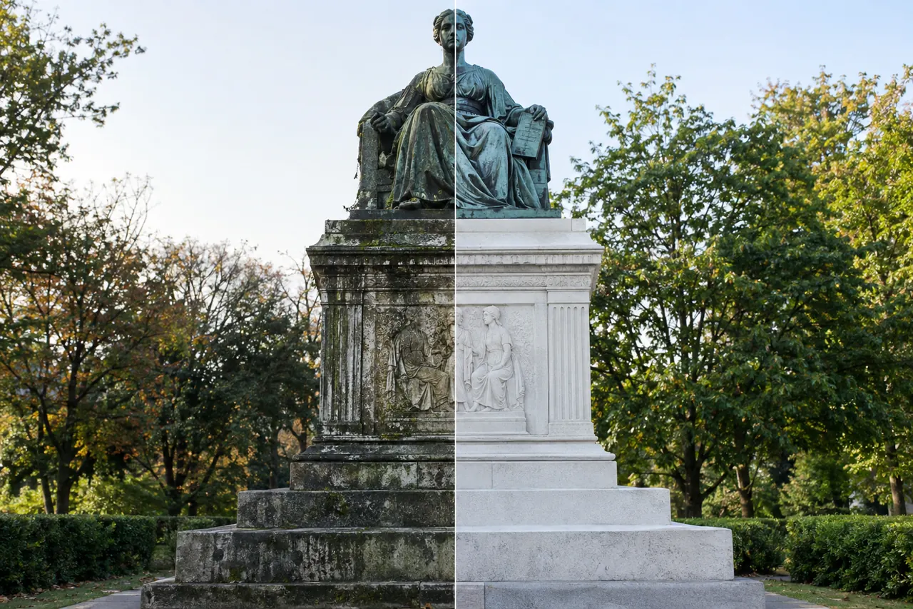 Statue and monument: stained on the left, restored on the right