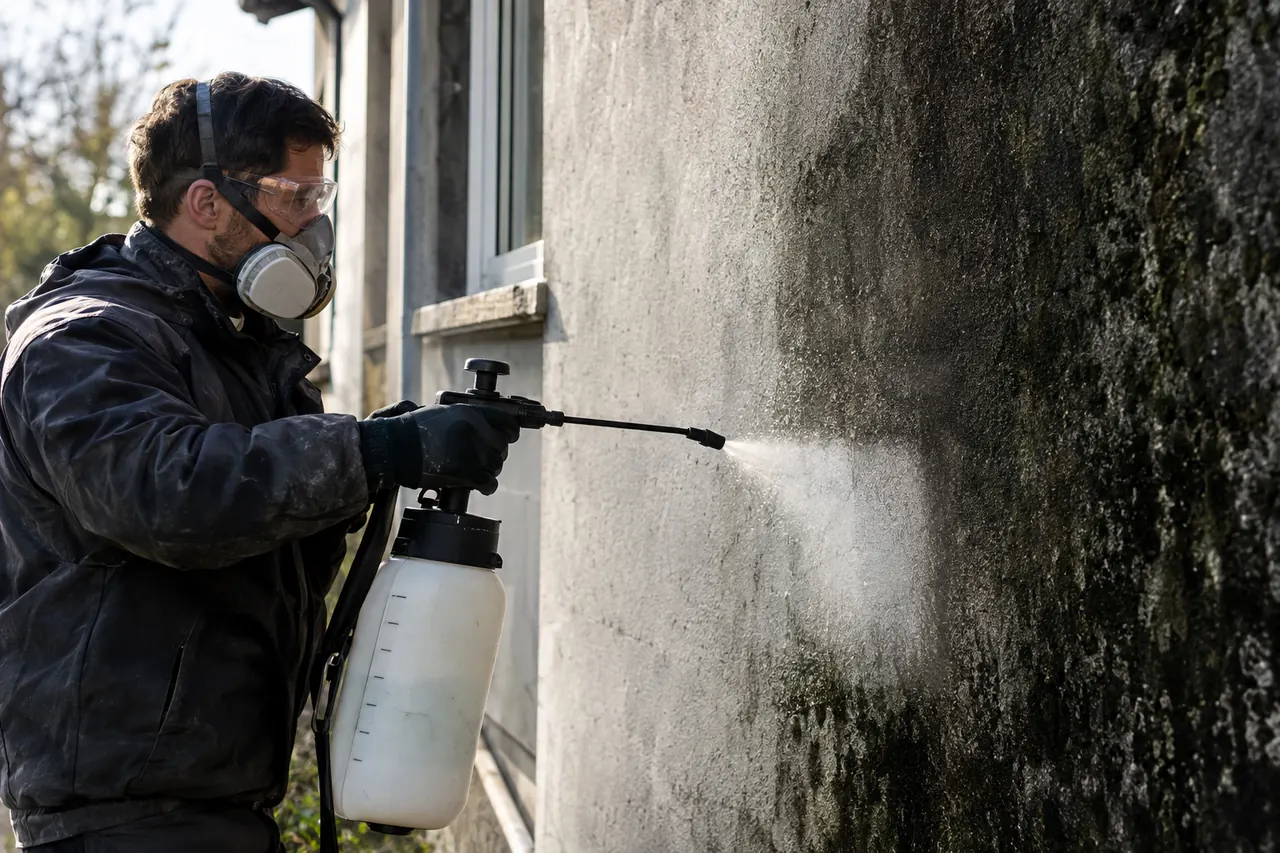 Stain Team 6 technician spraying a stained wall
